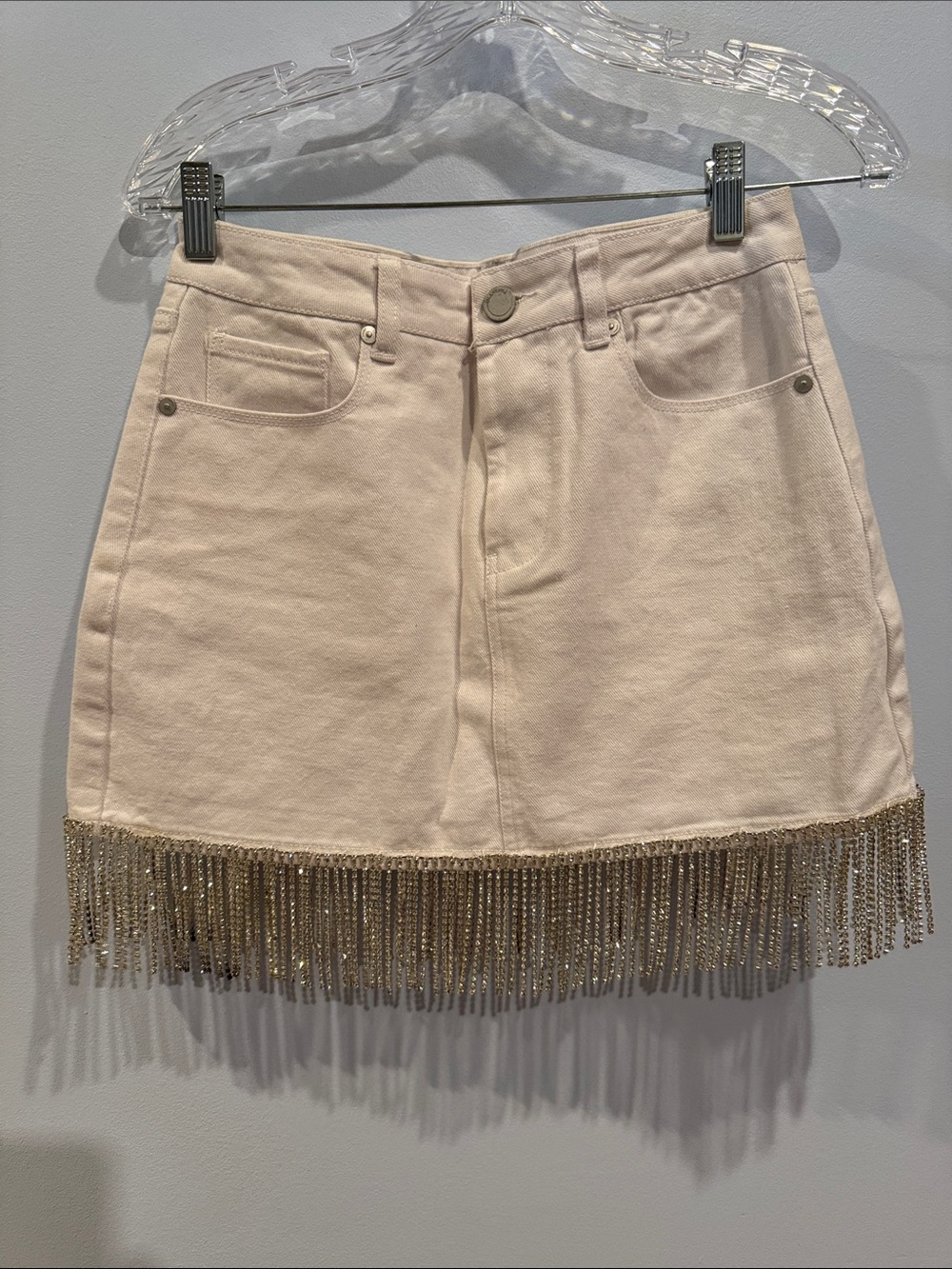 BLANKNYC White Denim Rhinestone Fringe Mini Skirt Size 26 Western Glam